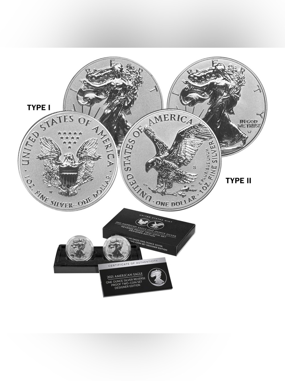 2021 American Eagle Silver Reverse Proof 2 Coin Designer Set Sealed - Picture 2 of 7